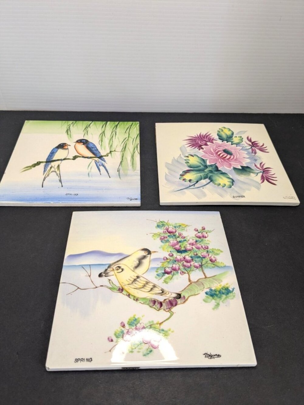 Vtg. Hand-Painted Ceramic Bird Tiles Set Of 3 Spring Summer  Mizuno Japan